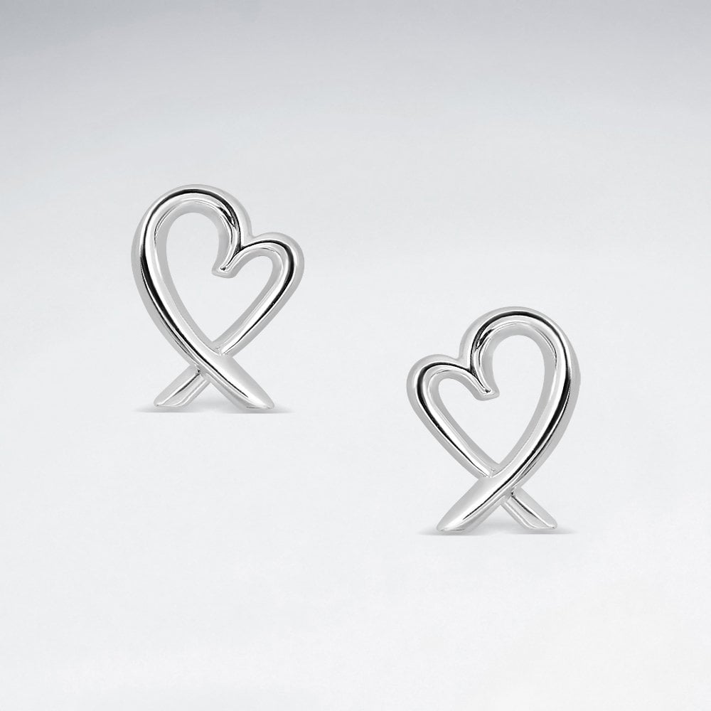 Sterling Silver Love Story Ribbon Heart Stud Earrings