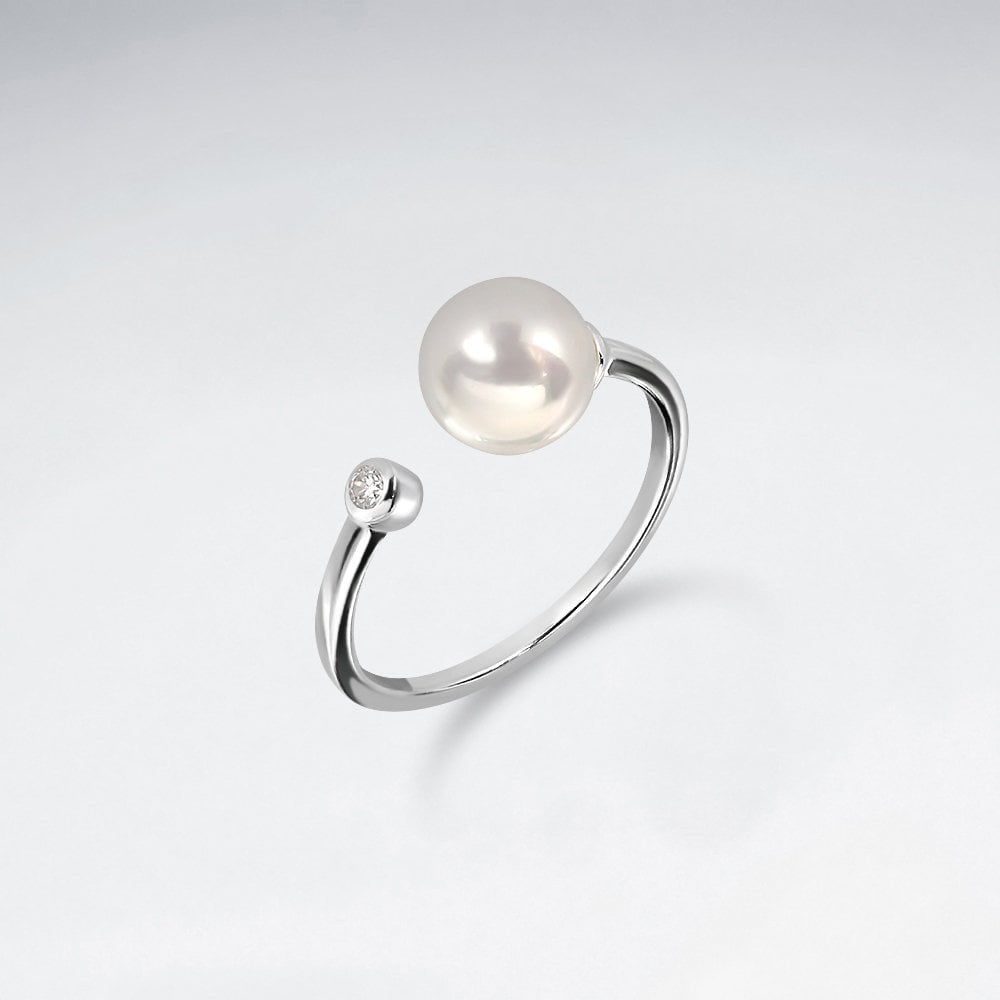 Sterling Silver Open Side Faux Pearl Ring  With CZ