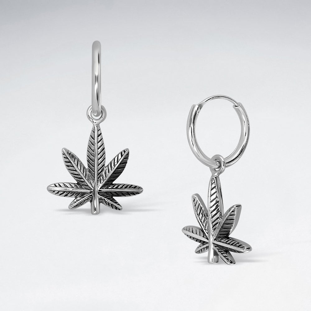 Sterling Silver Marijuana Dangle Hoop Earrings