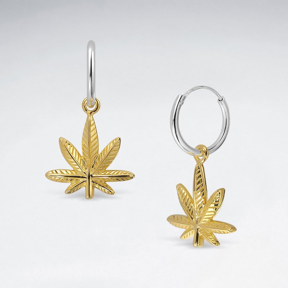 Sterling Silver Marijuana Dangle Hoop Earrings