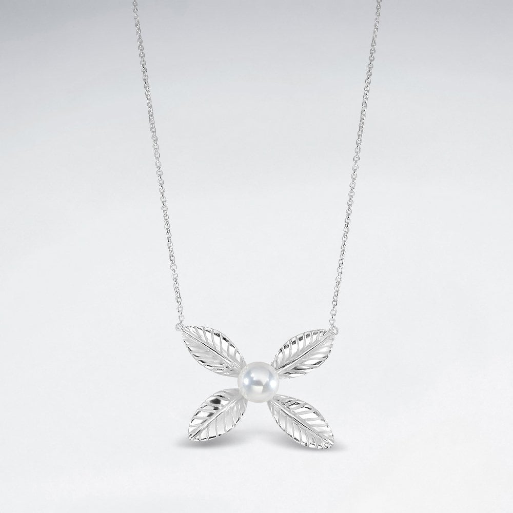 Sterling Silver Faux Pearl & Flower Bud Necklace