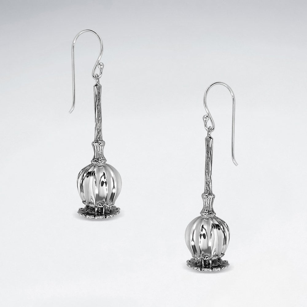 Sterling Silver Opium Flower Long Drop Earrings