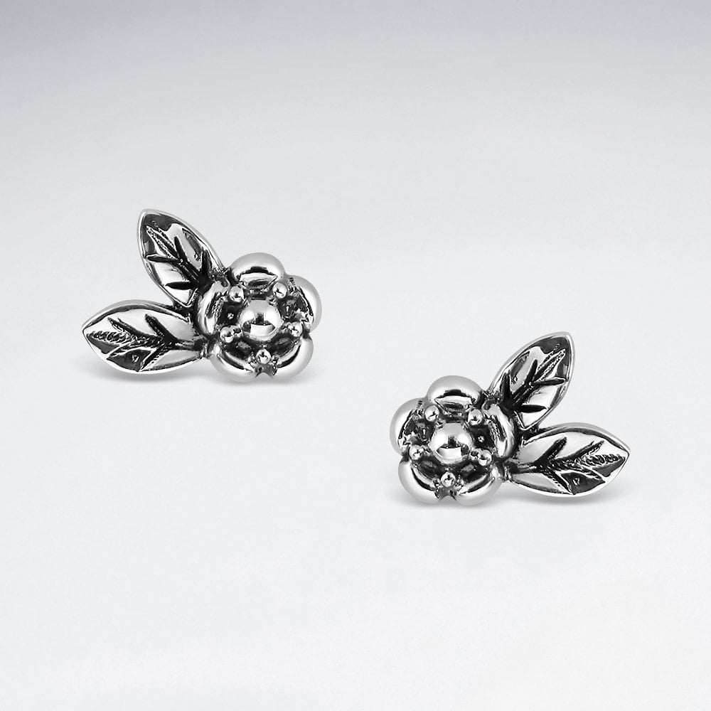 Sterling Silver Rose and Leaf Stud Earrings