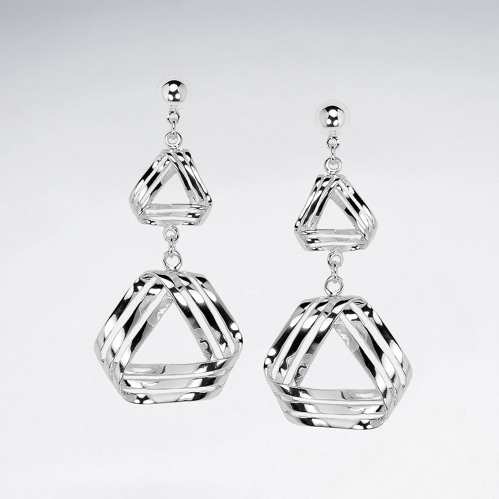 Sterling Silver Openwork Double Drop Triangle Earrings