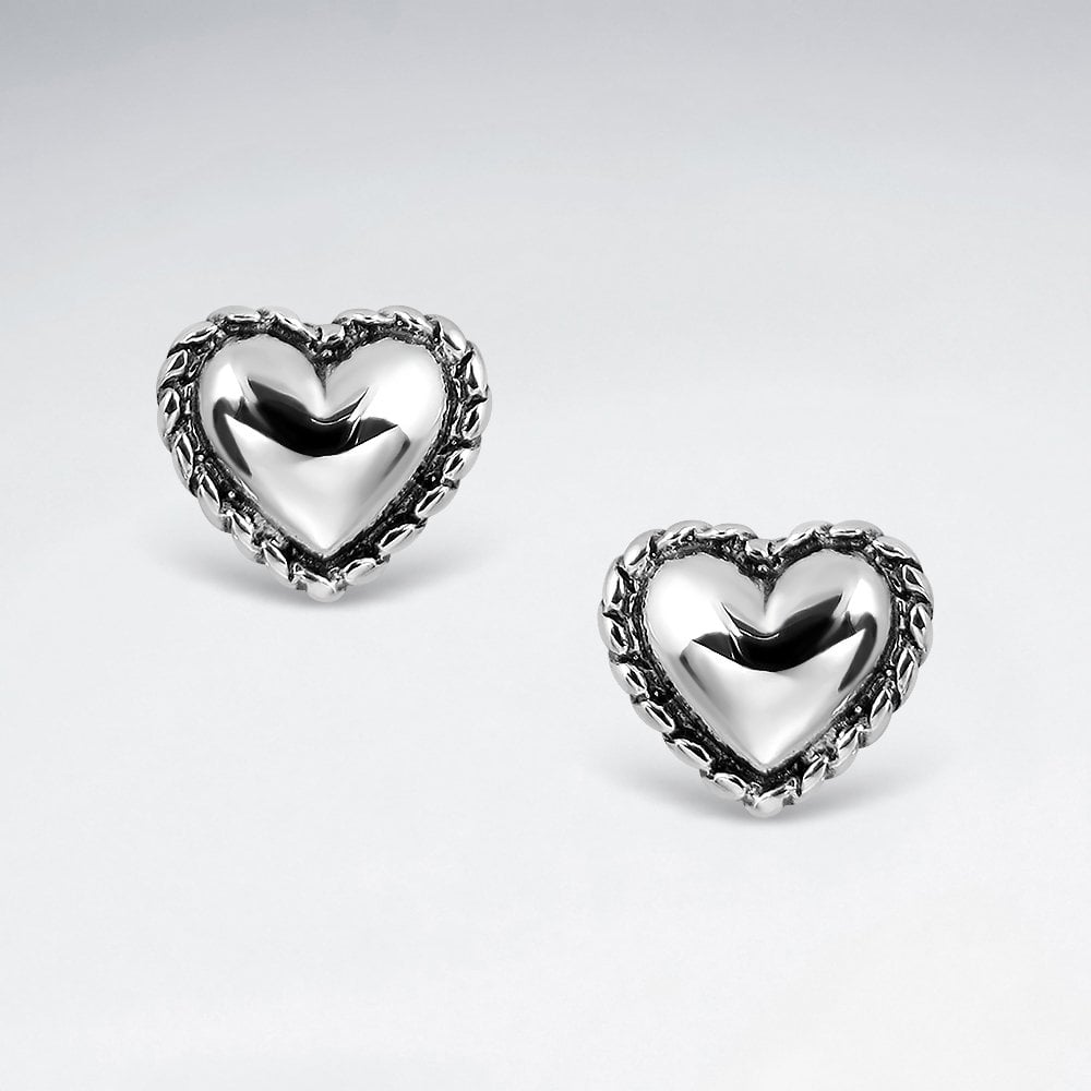 Sterling Silver Heart Earrings with Rope Trim Detail