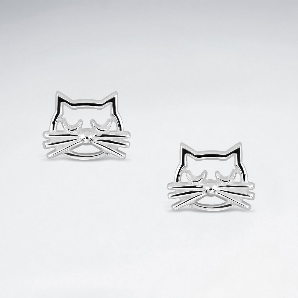 Sterling Silver Cat Face Silhouette Stud Earrings