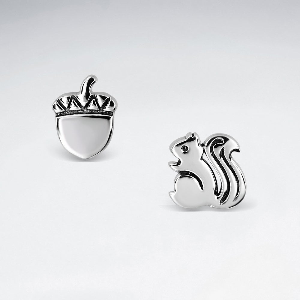 Sterling Silver Squirrel and Acorn Stud Earrings