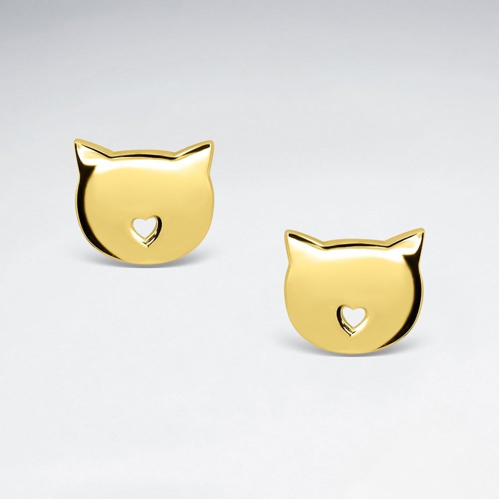 Sterling Silver Cat with Heart Stud Earrings