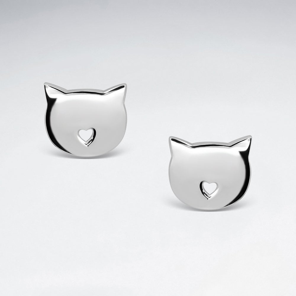 Sterling Silver Cat with Heart Stud Earrings