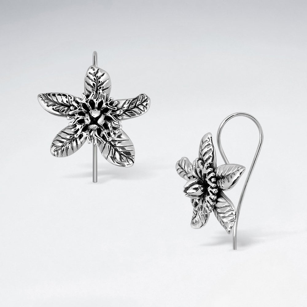 Sterling Silver Pentas Star Flower Hook Earrings