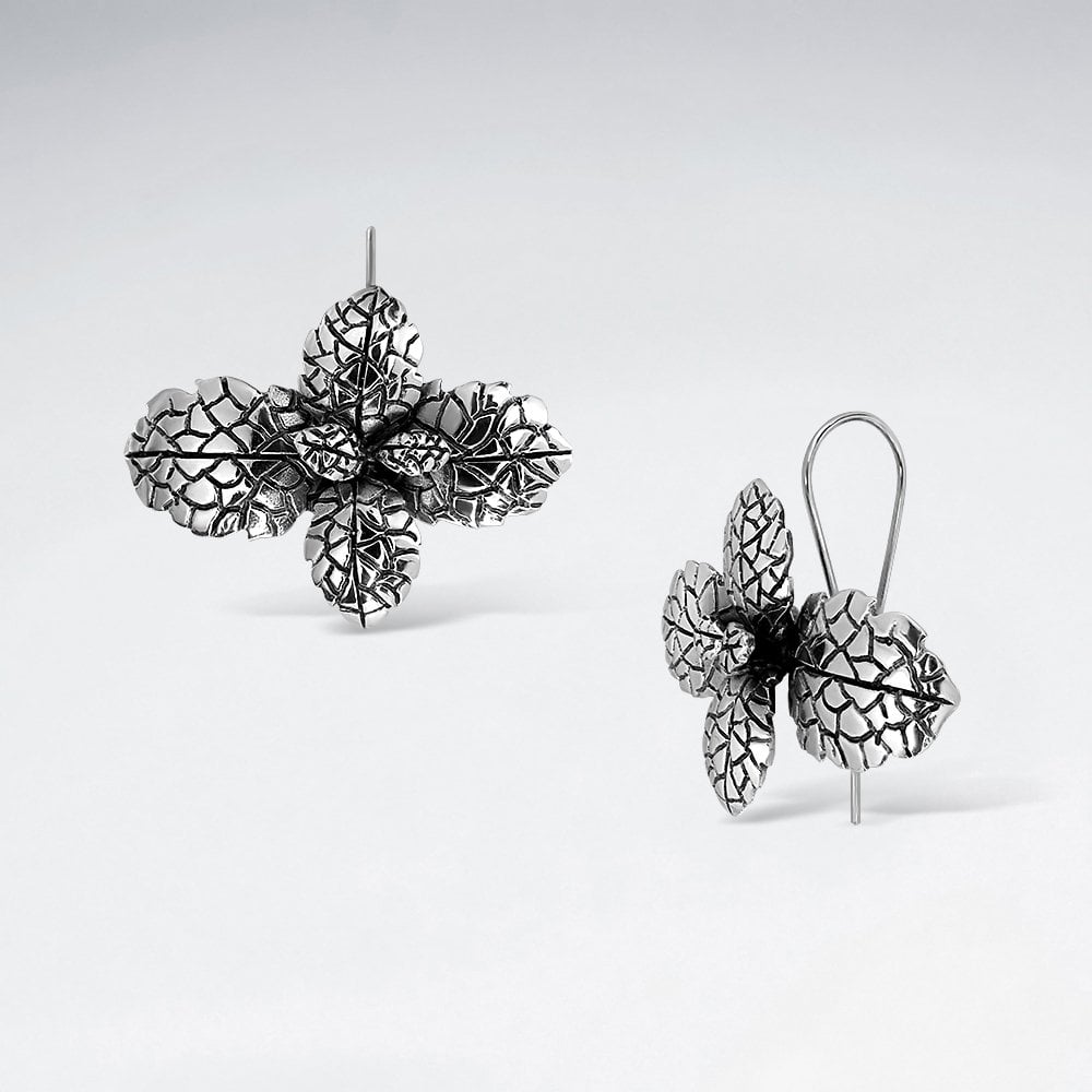 Sterling Silver Textured Flower Hook Earrings
