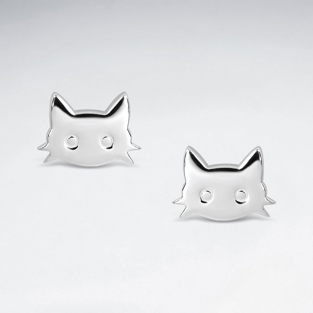 Sterling Silver Cat Face Stud Earrings