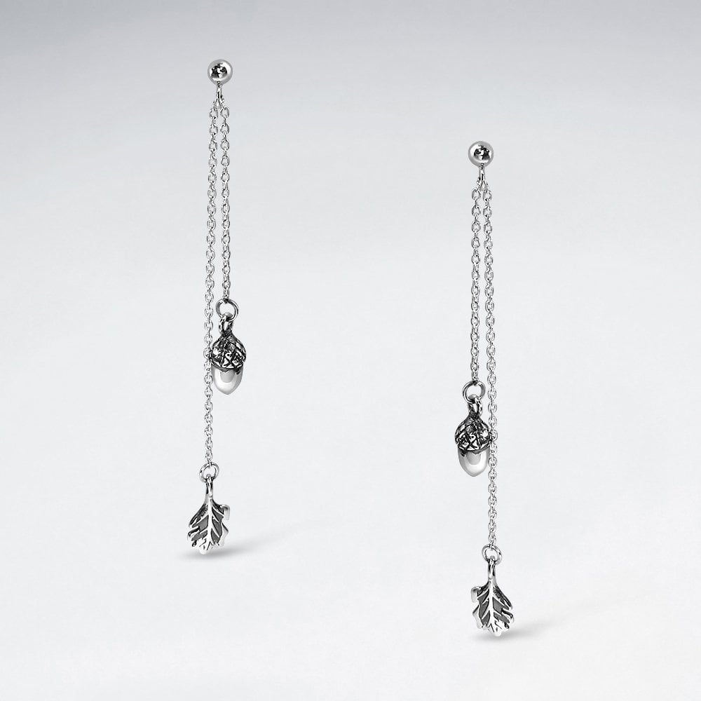 Silver Oak Leaf and Acorn Chain Dangle Earrings