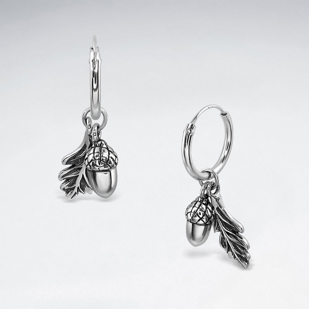 Silver Oak Leaf and Acorn Dangle Hoop Earrings