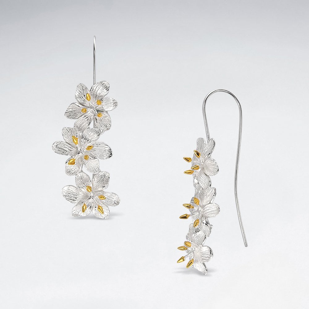 Triple Drop Stacked Flower Earrings in Sterling Silver