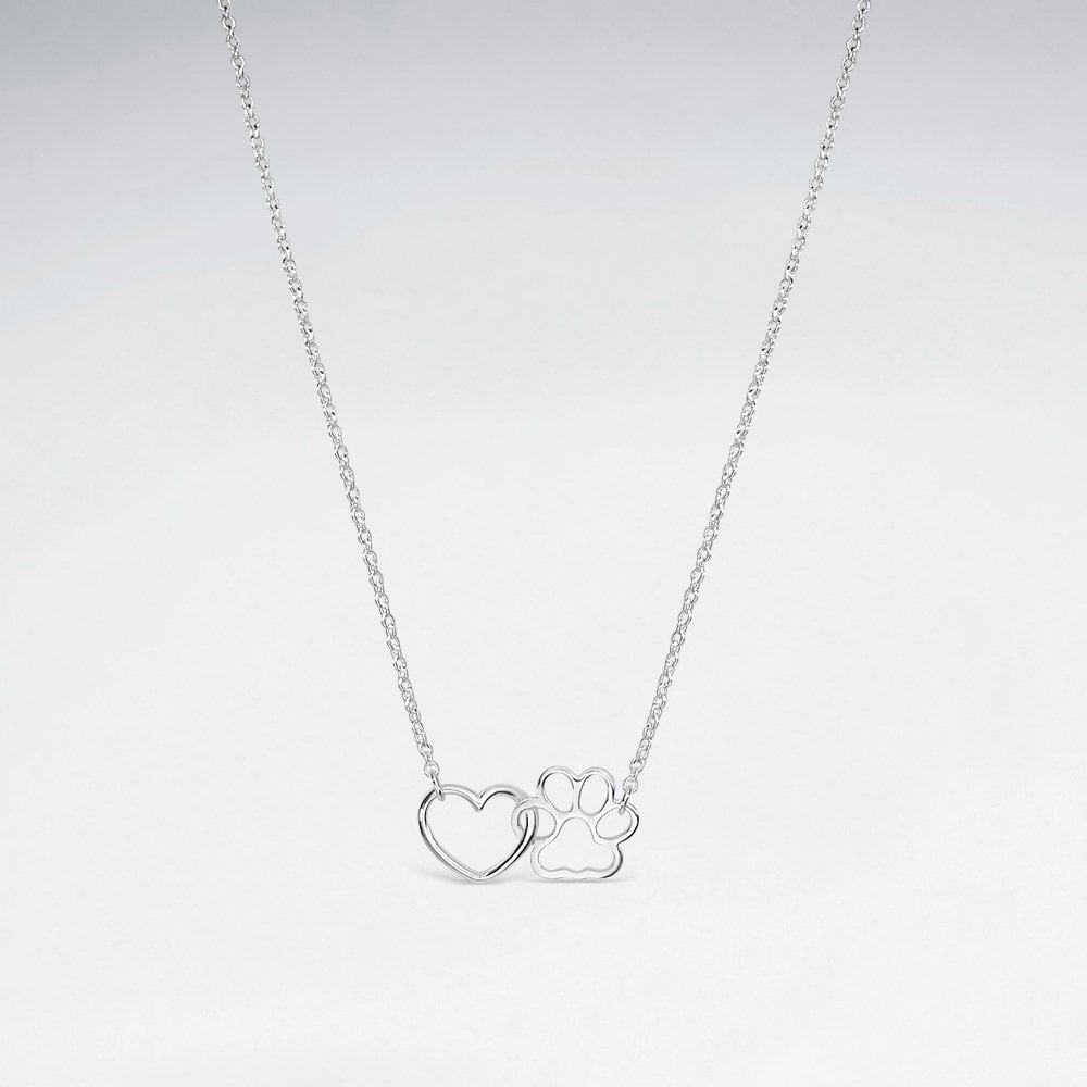 Sterling Silver Linked Heart and Paw Necklace