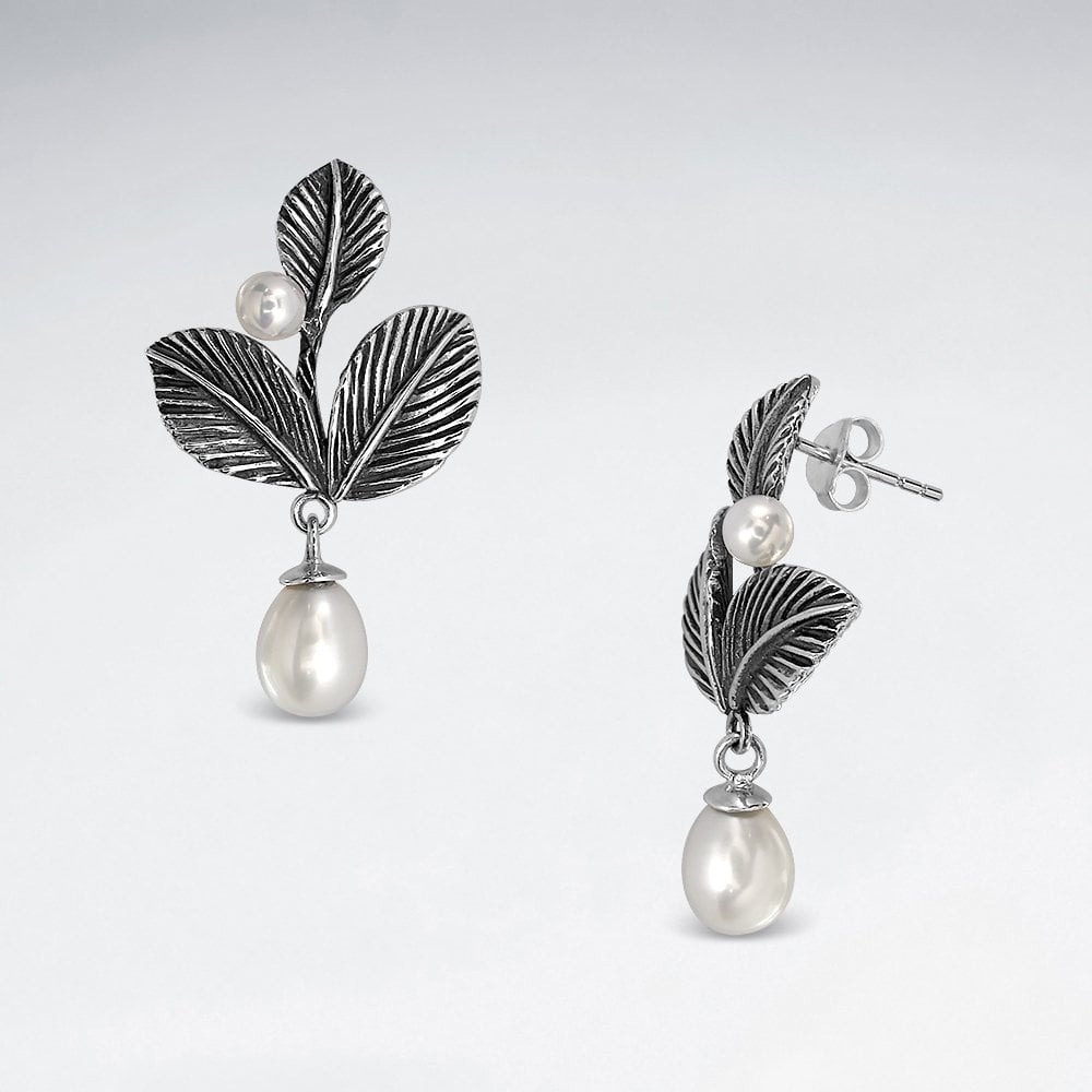 Sterling Silver Faux Pearl Leaf Dangle Earrings