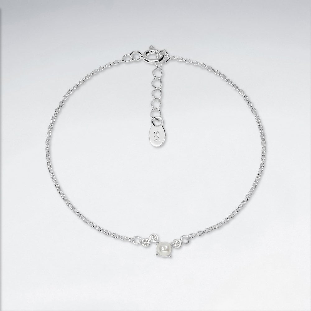 Sterling Silver Faux Solitaire Pearl Chain Bracelet