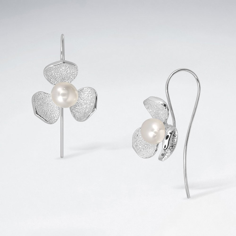 Sterling Silver 3-Point Flower Earrings with Faux Pearl