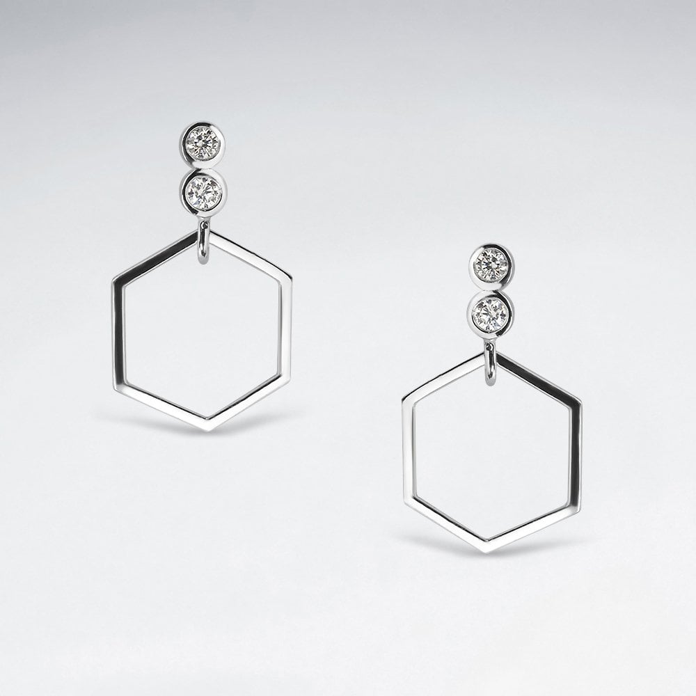 Geometric Open Hexagon CZ Dangle Earrings
