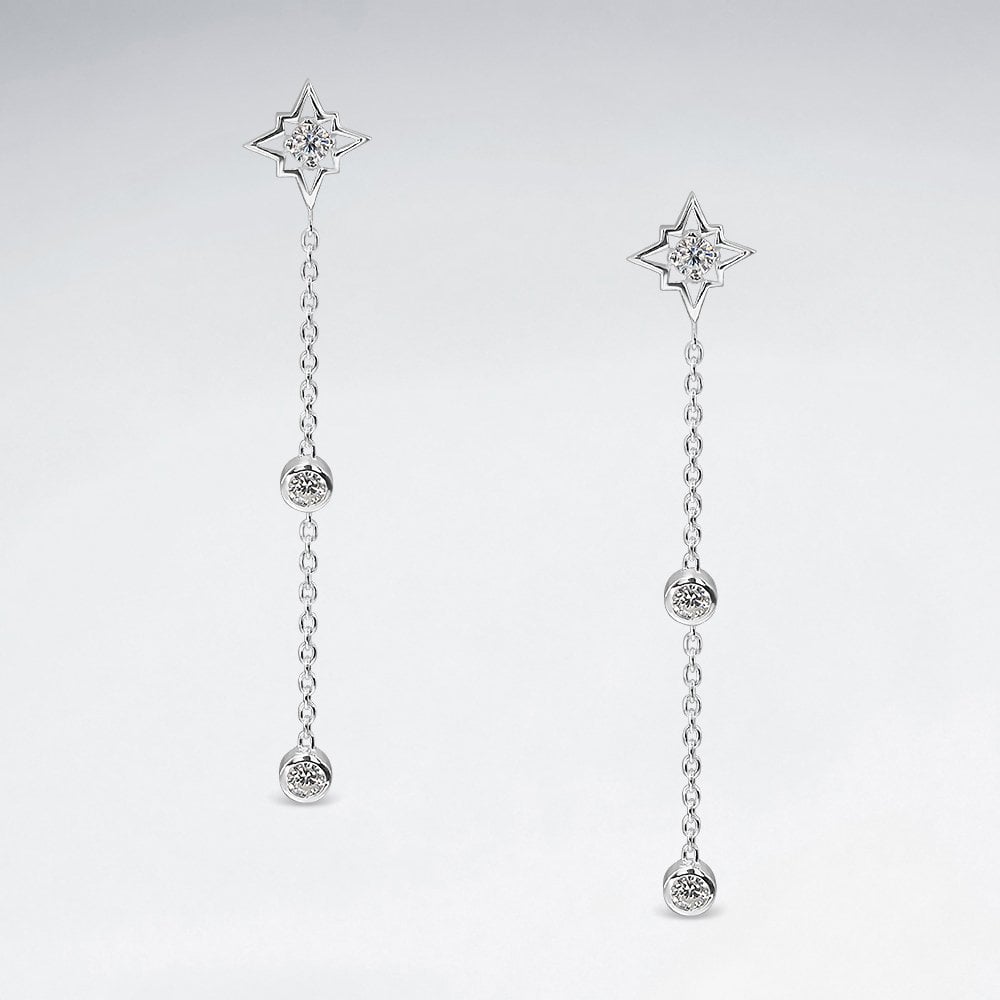 Sterling Silver Double CZ Chain Dangle Earrings