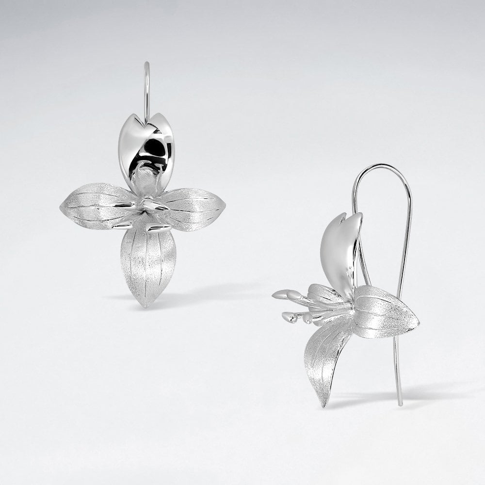 Sterling Silver 4-Petal Flower Hook Earrings