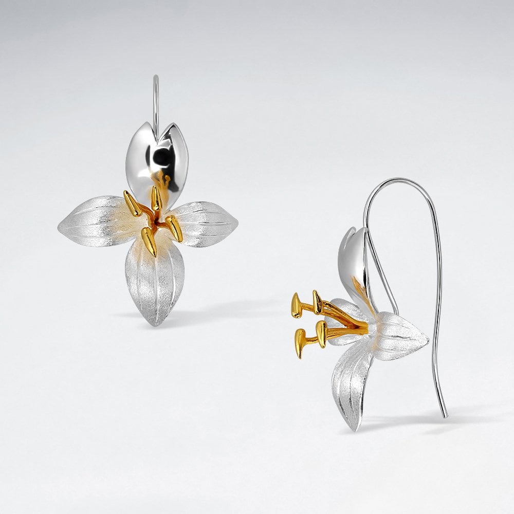 Sterling Silver 4-Petal Flower Hook Earrings