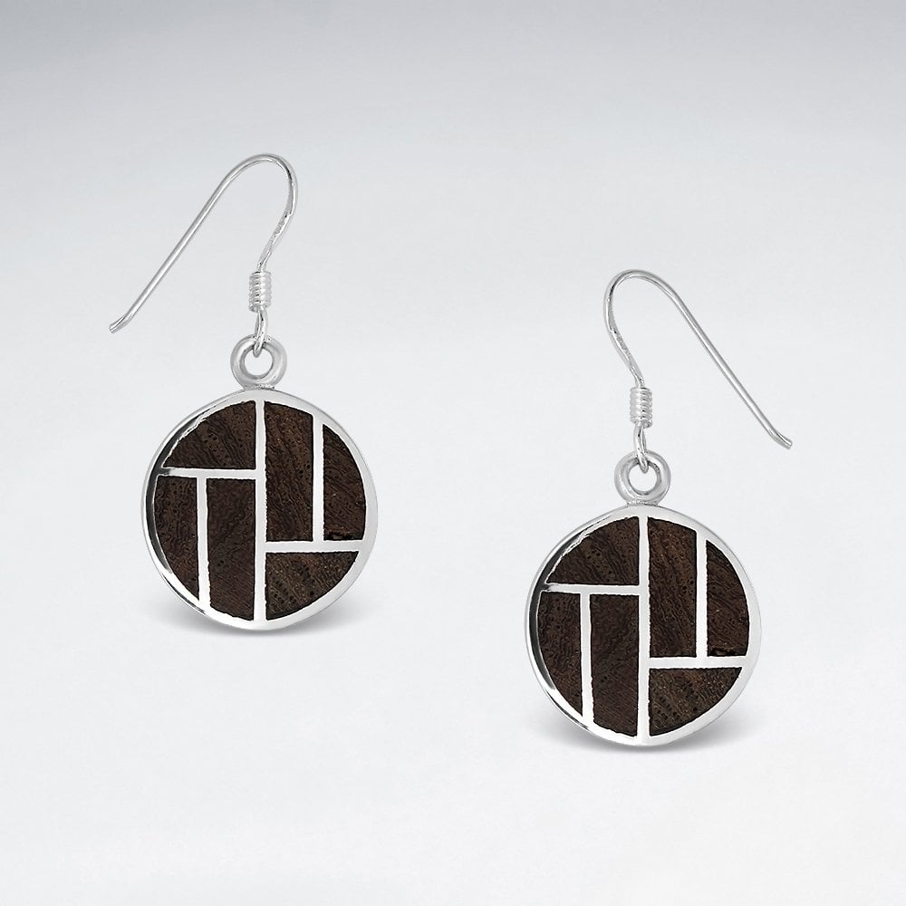 Round Palm Wood Silver Dangling Earring