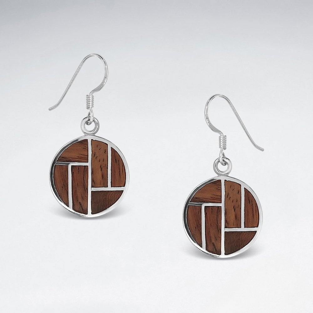 Round Palm Wood Silver Dangling Earring