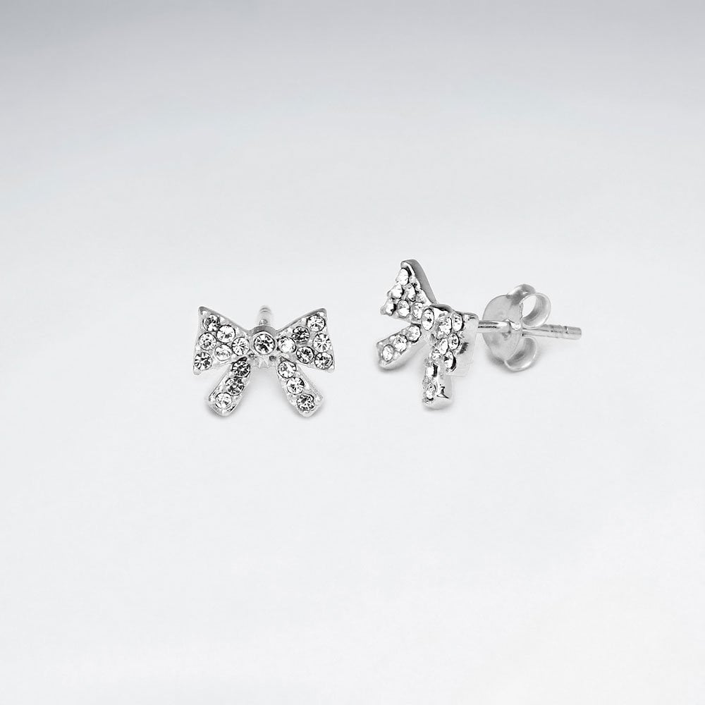 Pretty Bow Tie Crystal Sterling Silver Stud Earrings