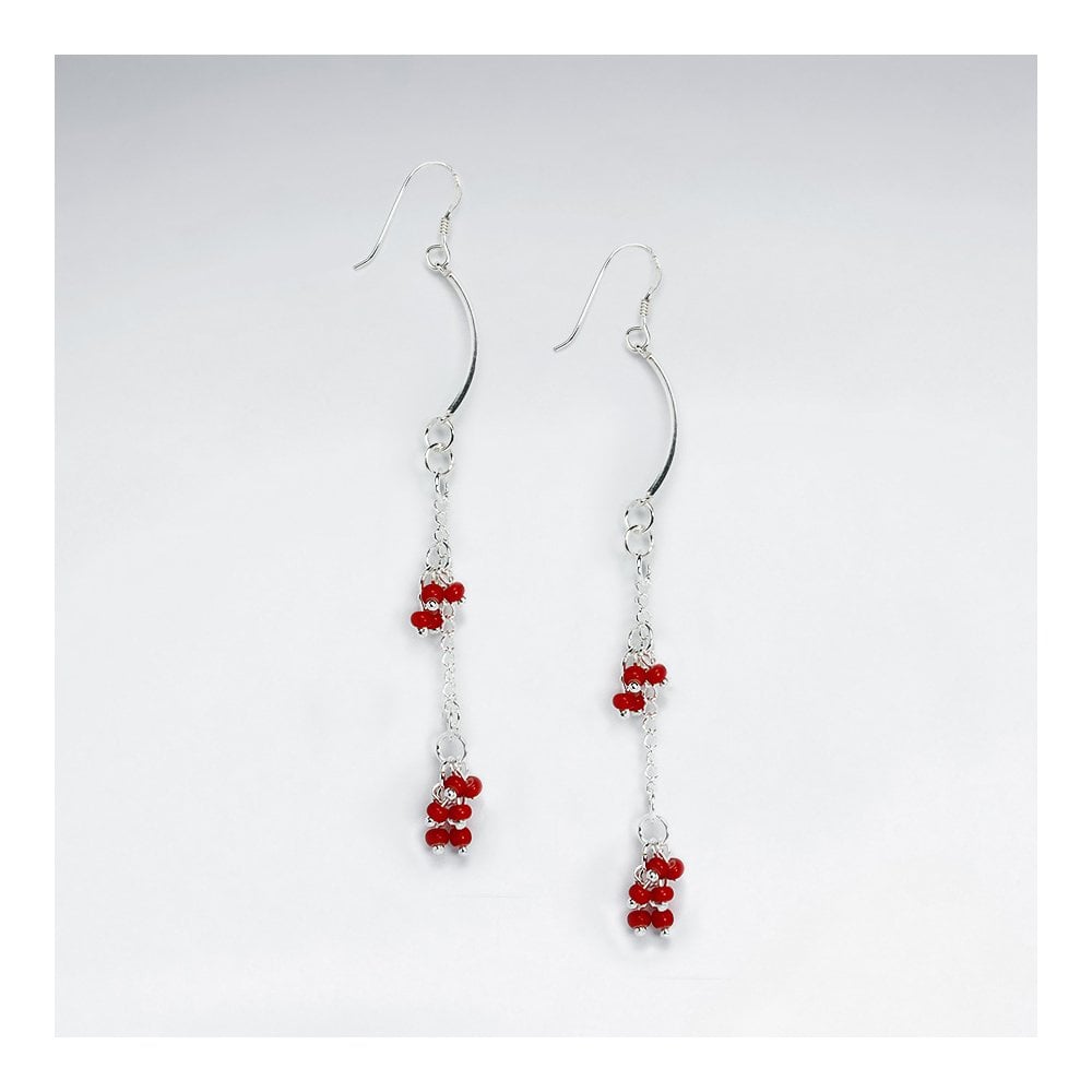 Red Glass Bead Cascade Earring With Silver Tube