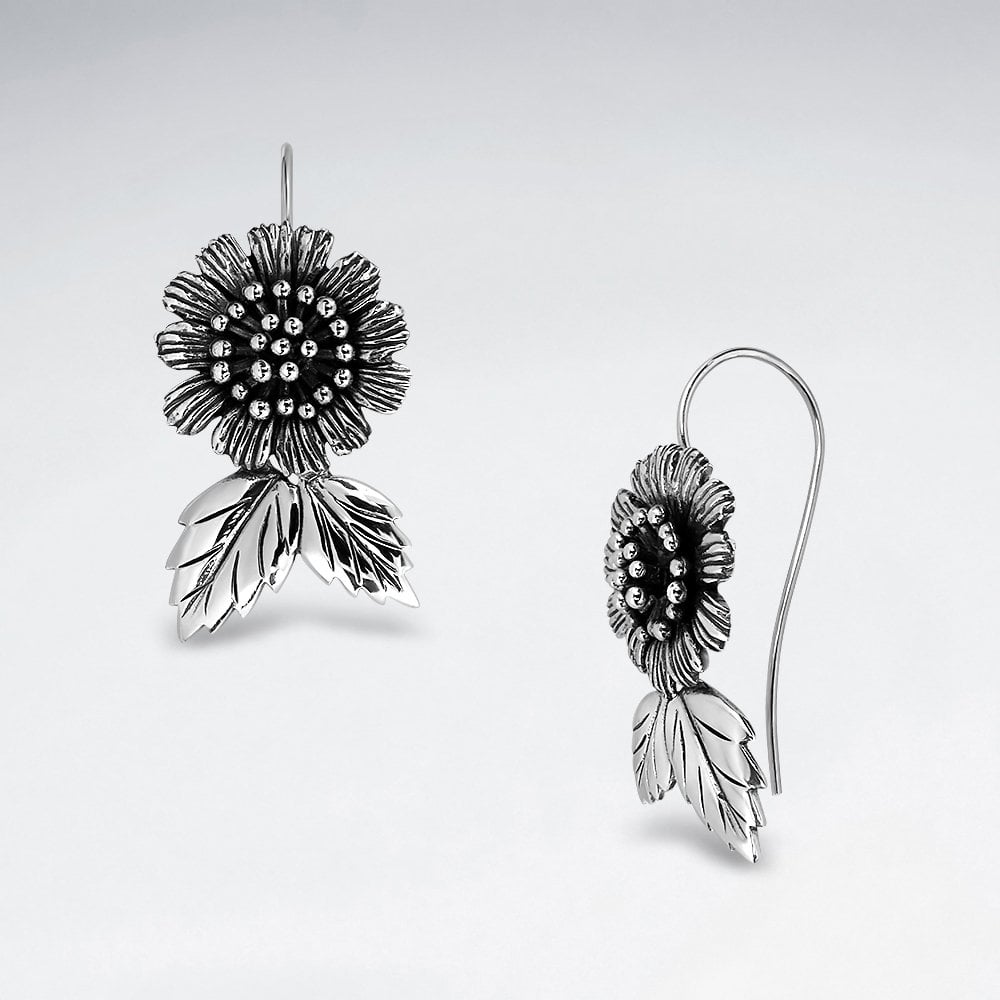 Sterling Silver Sunflower with Leaf Hook Earrings