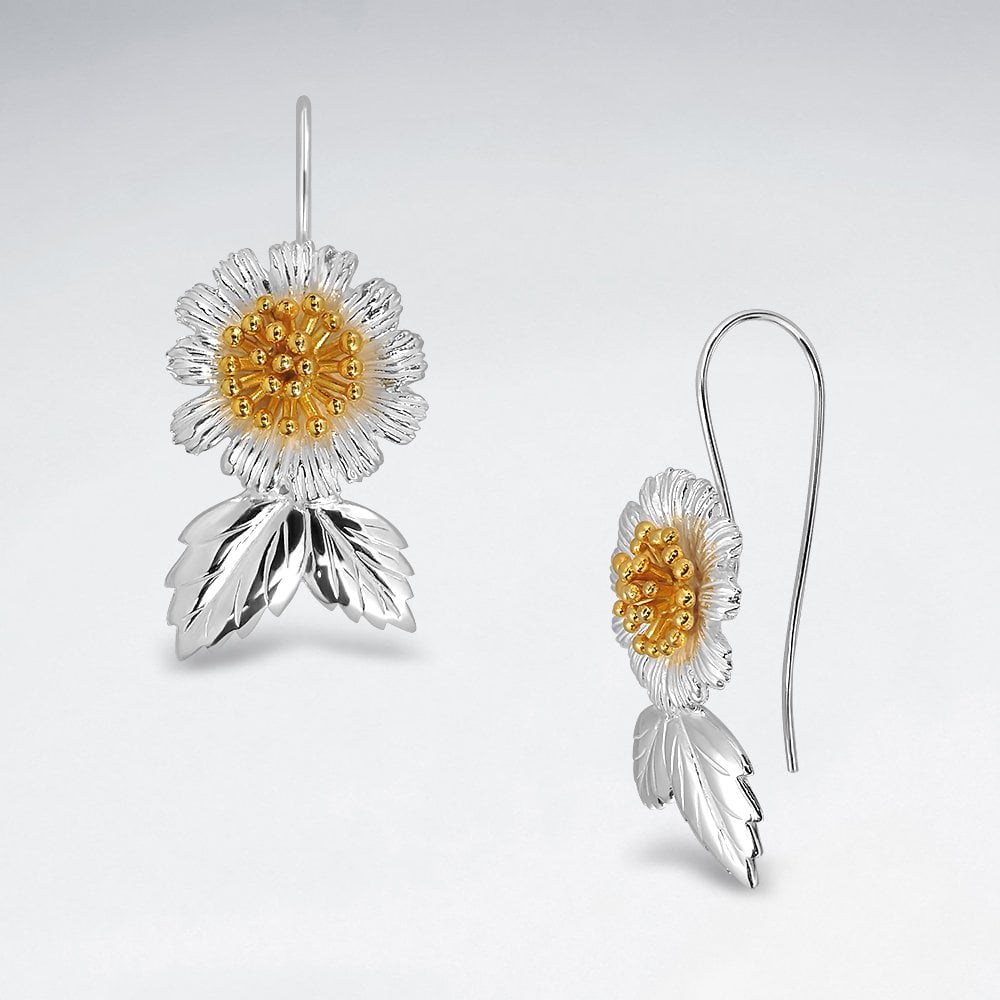 Sterling Silver Sunflower with Leaf Hook Earrings