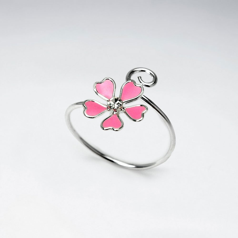 Simple Beauty Enamel Flower Curl Ring in Sterling Silver