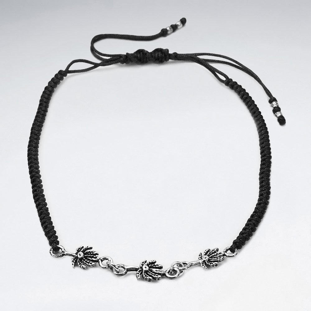 Black Waxed Cotton Silver Charm Link Anklet