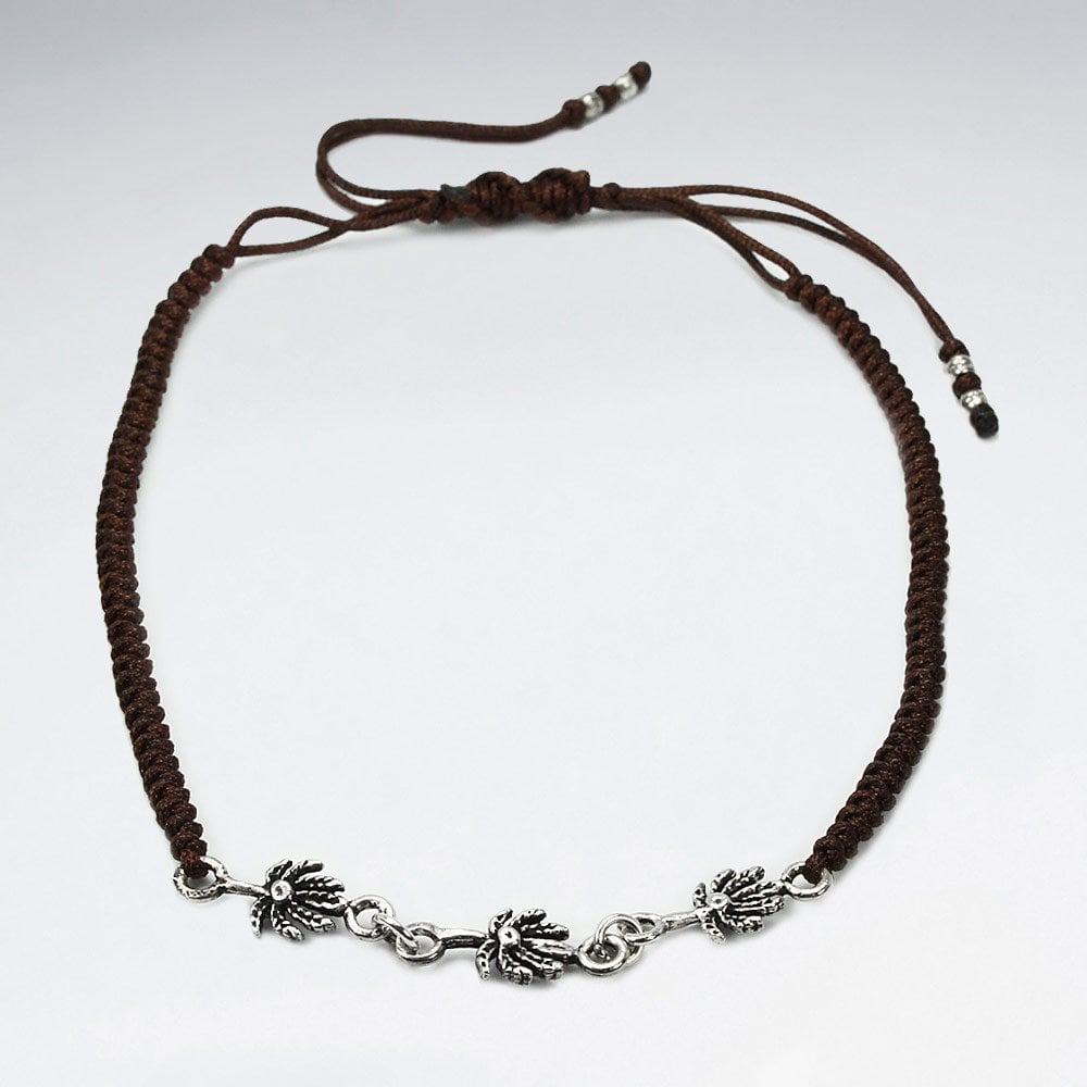 Black Waxed Cotton Silver Charm Link Anklet