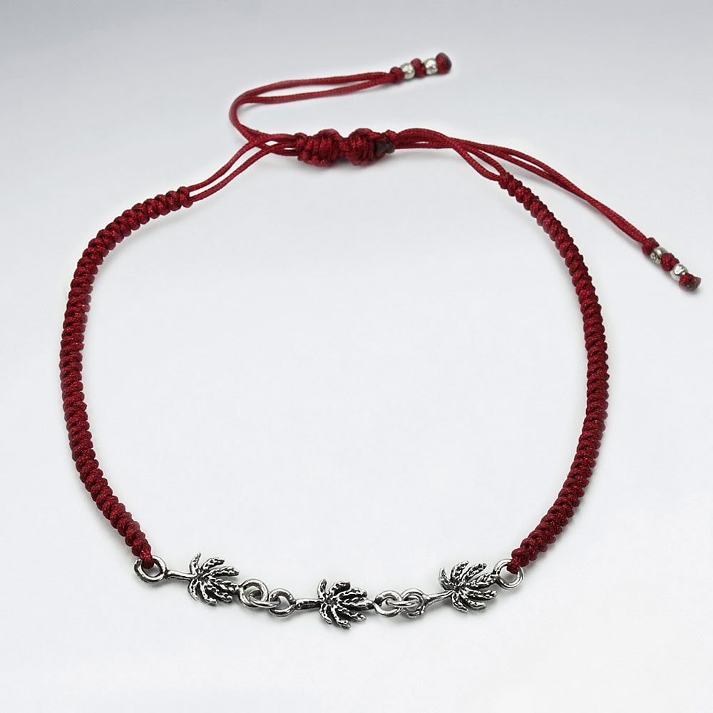 Black Waxed Cotton Silver Charm Link Anklet