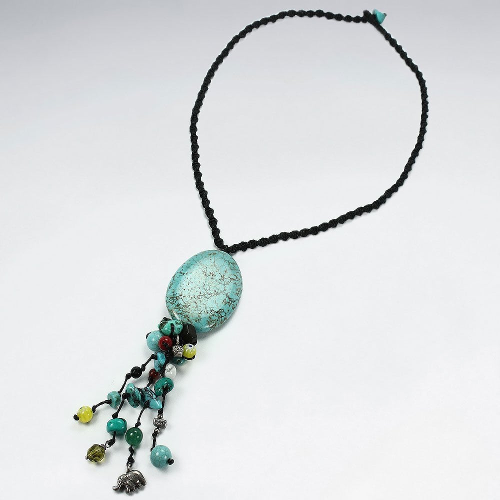 Stunning Waxed Cotton Necklace With Turquoise Drop Cascade Charms