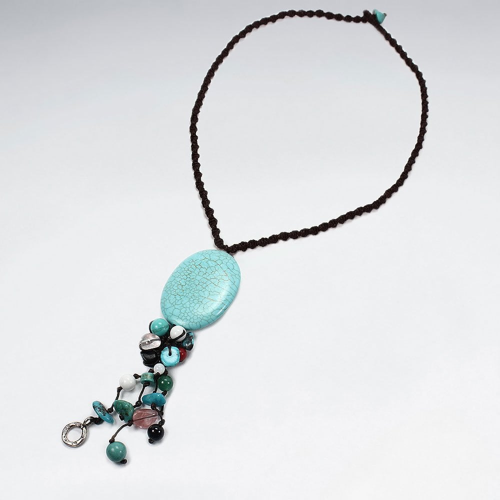 Stunning Waxed Cotton Necklace With Turquoise Drop Cascade Charms