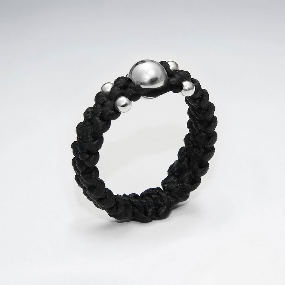 Brown Waxed Cotton Ring with Silver Ball