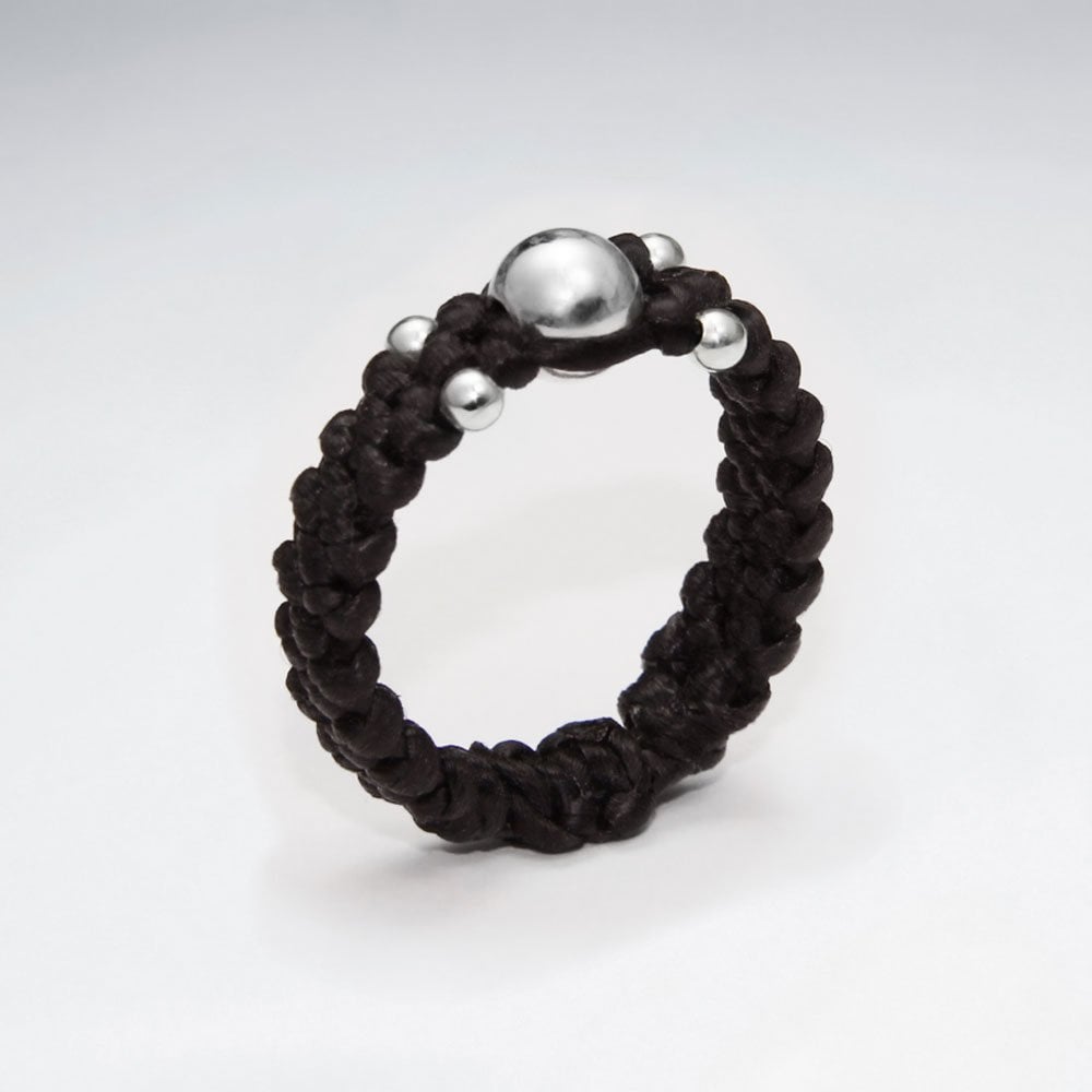 Brown Waxed Cotton Ring with Silver Ball