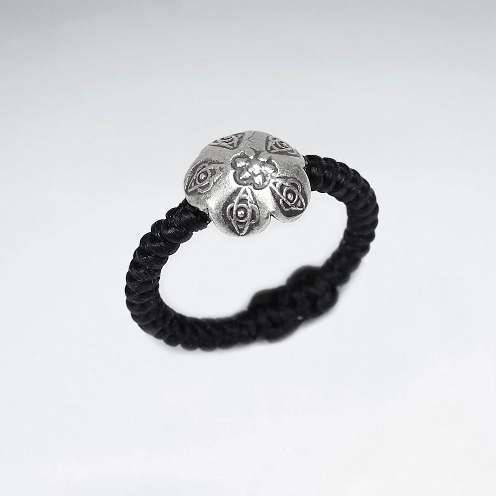 Black Waxed Cotton Ring with Silver Charm