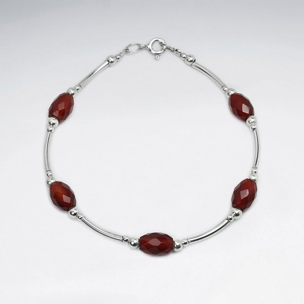 Carnelian Faceted Bead & Silver Spacers Clasp Bracelet