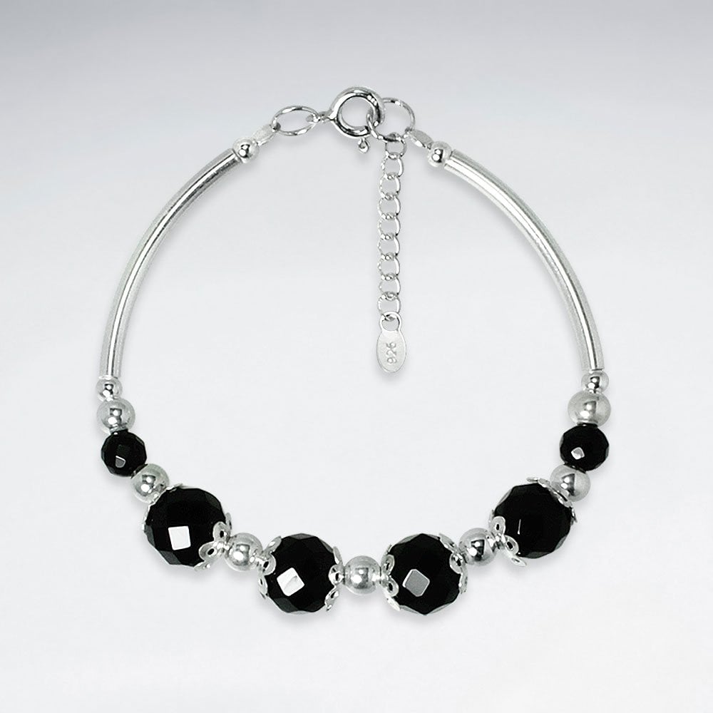 Faceted Black Stone Bracelet With Curve Silver Tube