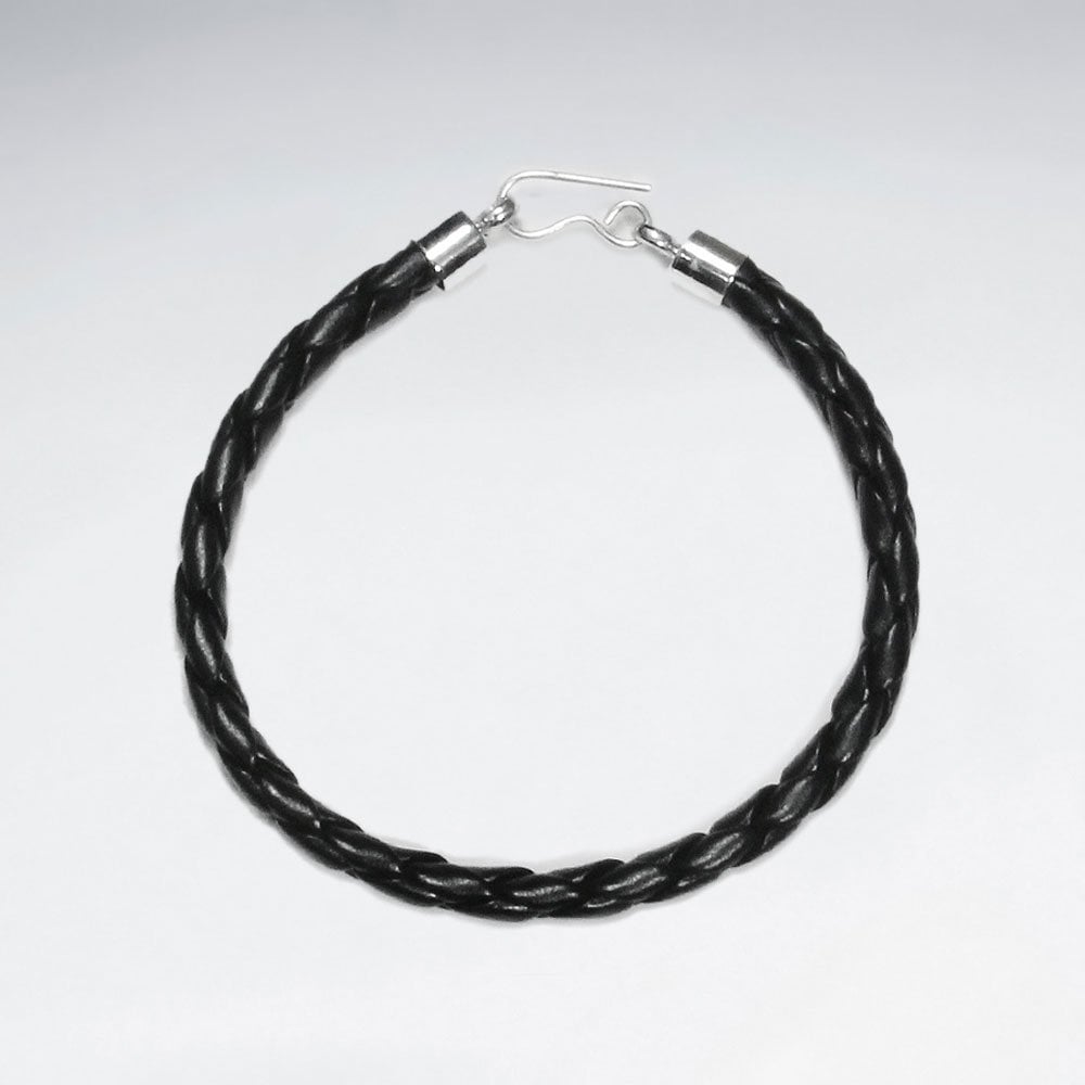 Black Braided Leather Bracelets With Silver Closing