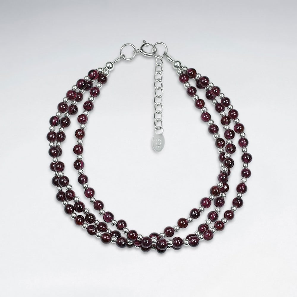 Triple Strands Round Garnet Silver Bracelet