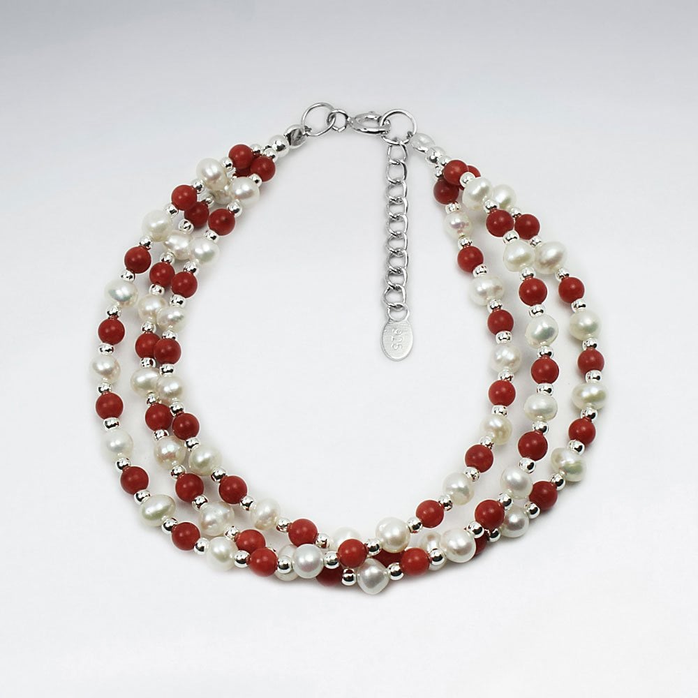 Triple Strands Round Garnet Silver Bracelet