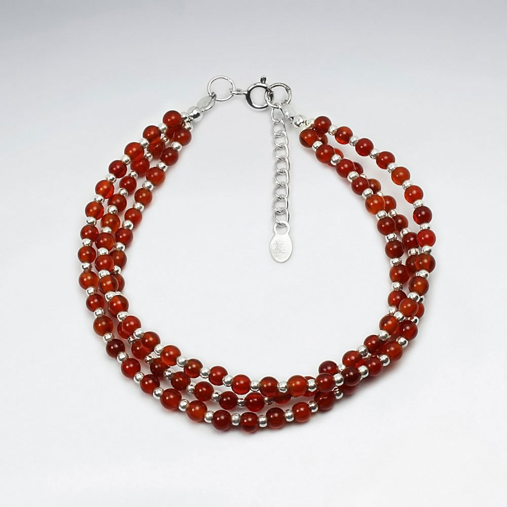 Triple Strands Round Garnet Silver Bracelet