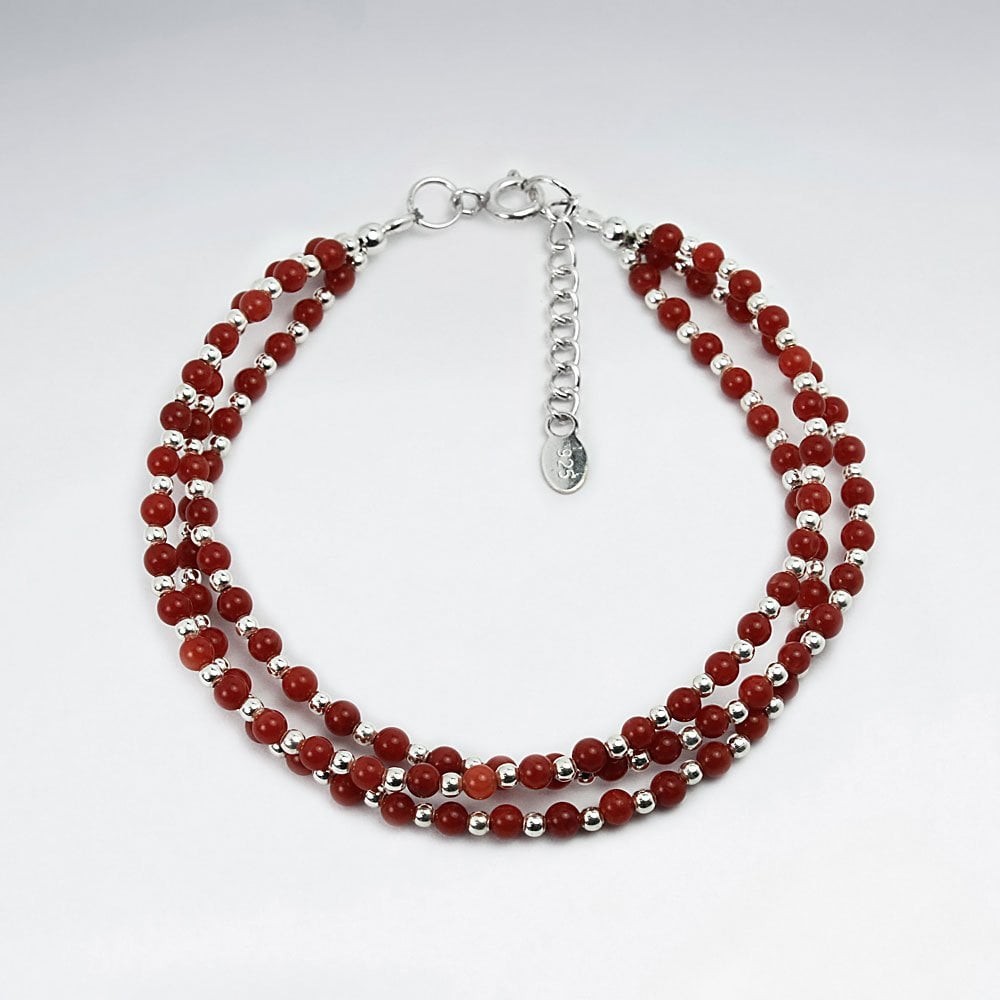 Triple Strands Round Garnet Silver Bracelet