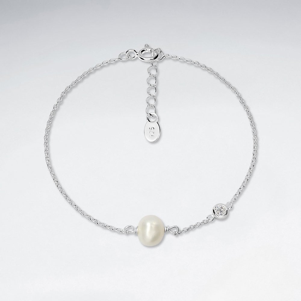 Sterling Silver Bracelet with Faux Pearl and CZ Accents